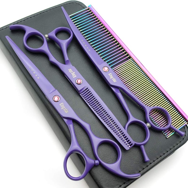 Kingstar 7.0in. Matt Purple Professional Pet Grooming Scissors Set,Straight & Thinning & Curved Scissors Set with Comb,case,A429 - Image 1